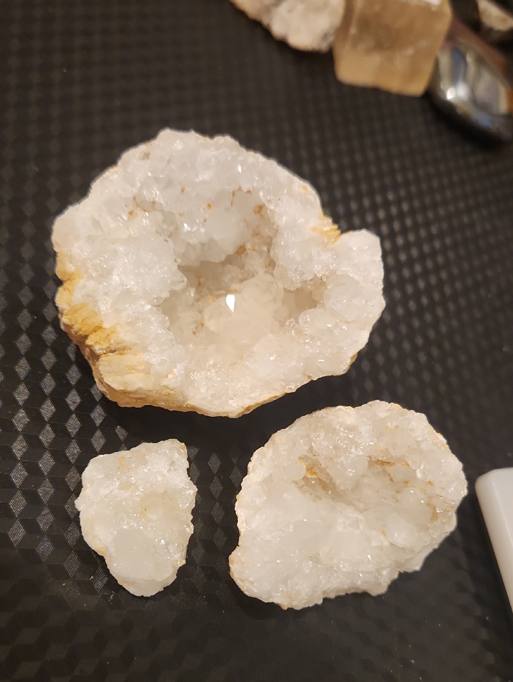 Quartz White Crystal Geode Trio Decorative Set with UV Highlights From Calcite